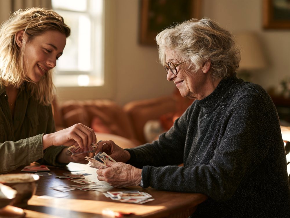 A senior and her companion playing a hand of cards at the dining table