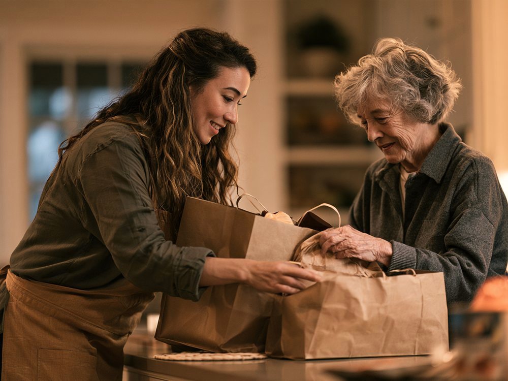 Bella and a senior unpacking groceries from paper bags together